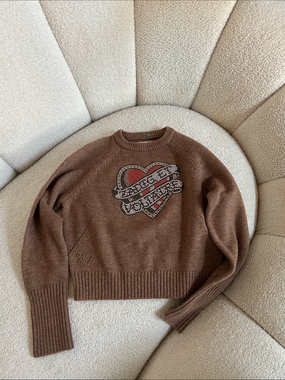 Zadig & Voltaire Brown Crewneck Sweater with Jeweled Heart Motif